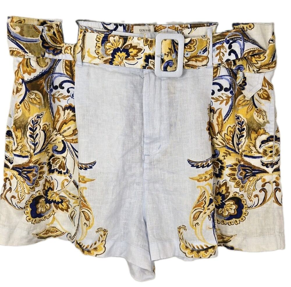 Joie 100% Linen Brocade Paisley Floral Belted Shorts Boho Resort Wear XL Boho NW